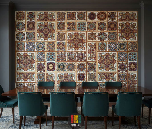Full view of a modern dining room featuring a prominent wall covered in a decorative mosaic-patterned wallpaper. The design features intricate, colorful tiles with traditional geometric motifs, ideal for Egyptian-inspired home decor. The room has industrial elements like brick walls and exposed ducts, with a bed, two nightstands, a rug, and a leather armchair.
صورة كاملة لغرفة طعام عصرية تتميز بحائط مغطى بورق جدران بنقوش فسيفساء مزخرفة. التصميم يضم بلاطات ملونة ومعقدة بزخارف هندسية تقليدية
room: dining room