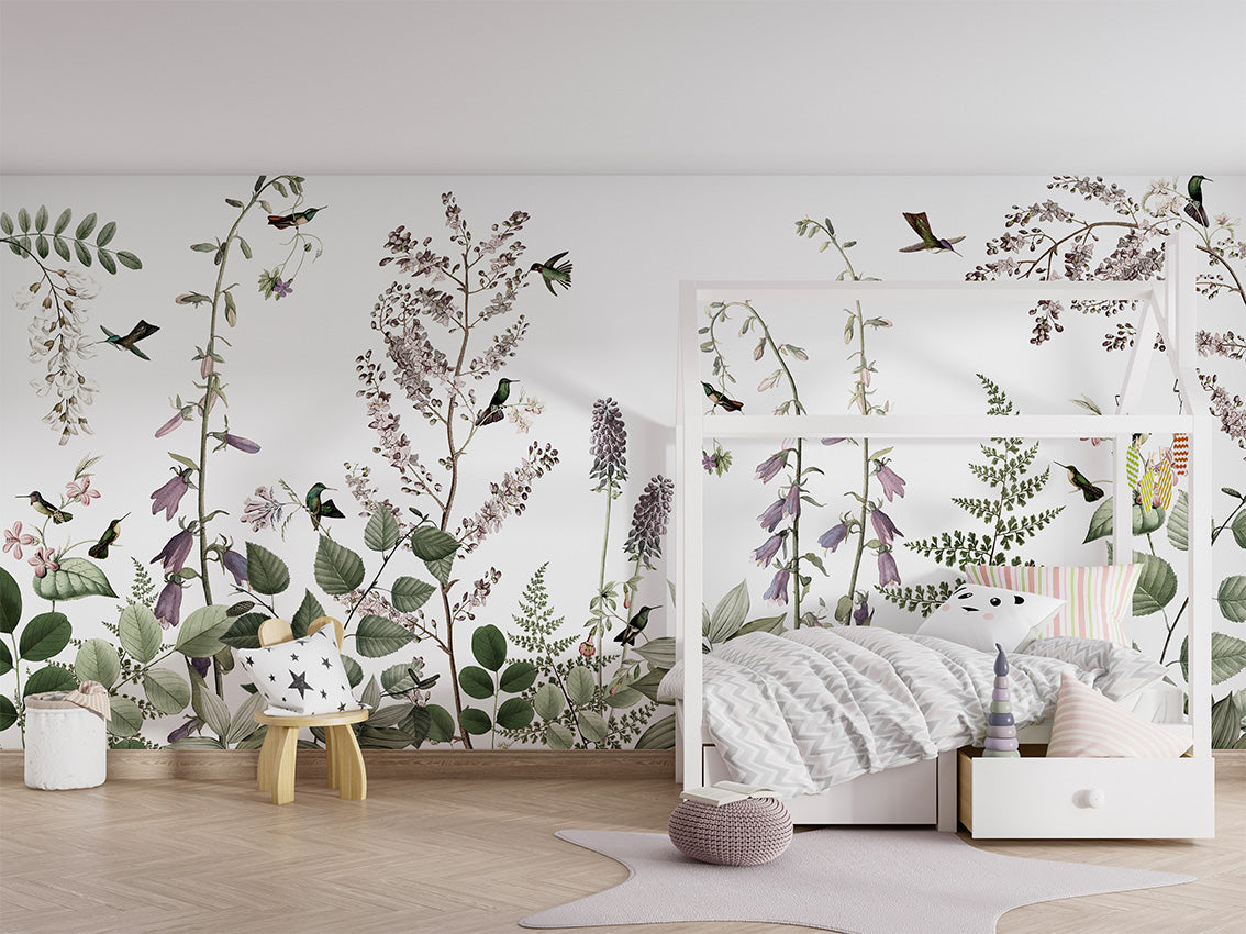 Hummingbird Hedge luxury wallpaper in kids room interior — Artehub Egypt