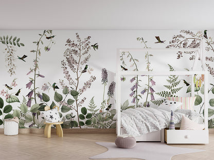 Hummingbird Hedge luxury wallpaper in kids room interior — Artehub Egypt
