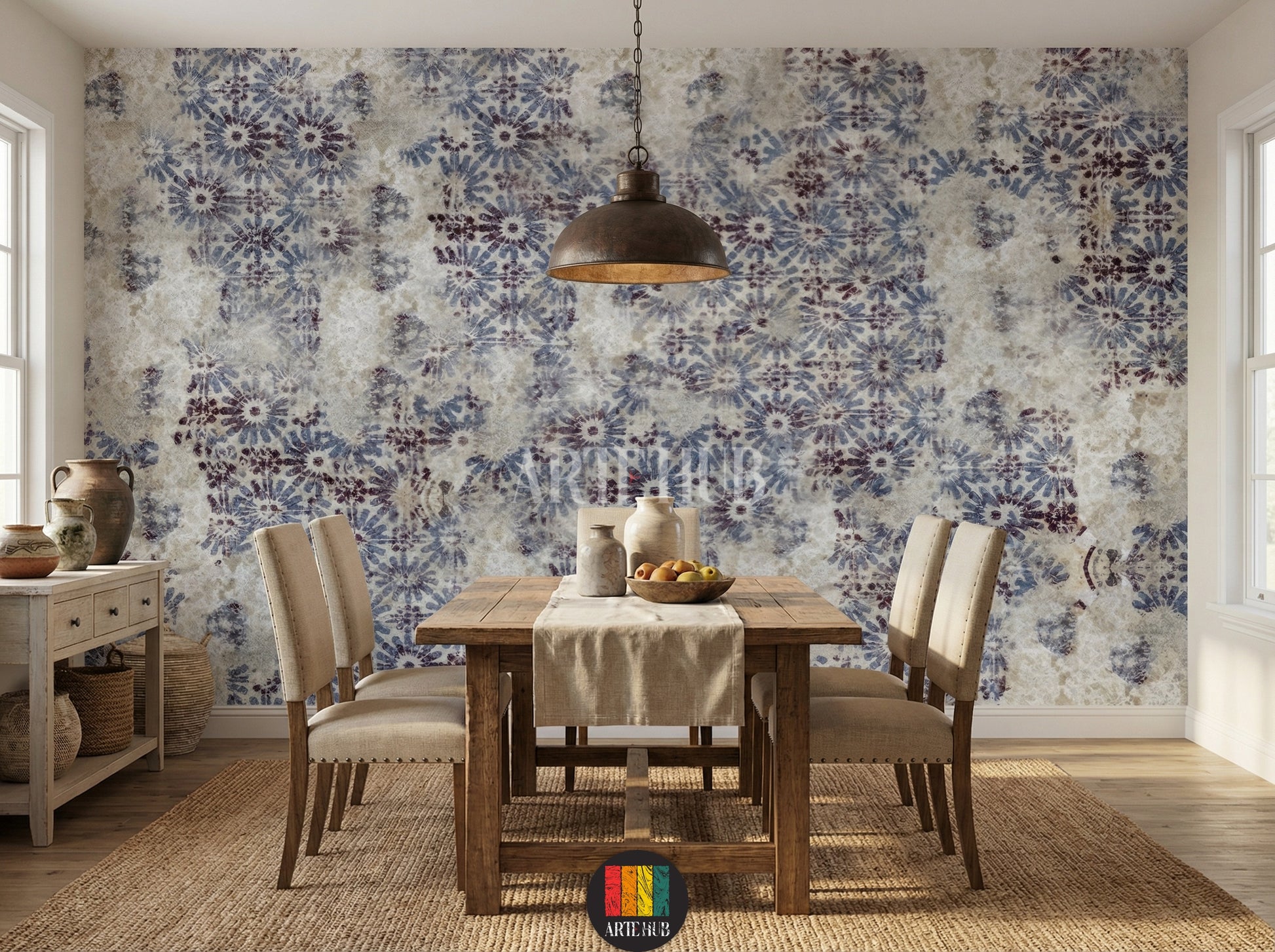 Full shot of a dining room with a feature wall adorned with Indigo Floral Wallpaper, showcasing a unique blue and purple abstract floral pattern on a textured light background, perfect for a modern Egyptian home. A beige sofa, wooden coffee table, and indoor plants are visible.
صورة لغرفة معيشة حديثة تتميز بورق حائط إنديغو فلورال بنمط زهور تجريدي باللونين الأزرق والبنفسجي على خلفية فاتحة، مثالية لديكورات المنازل العصرية في مصر. تظهر كنبة بيج وطاولة قهوة خشبية ونباتات منزلية.
room: dining room