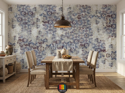 Full shot of a dining room with a feature wall adorned with Indigo Floral Wallpaper, showcasing a unique blue and purple abstract floral pattern on a textured light background, perfect for a modern Egyptian home. A beige sofa, wooden coffee table, and indoor plants are visible.
صورة لغرفة معيشة حديثة تتميز بورق حائط إنديغو فلورال بنمط زهور تجريدي باللونين الأزرق والبنفسجي على خلفية فاتحة، مثالية لديكورات المنازل العصرية في مصر. تظهر كنبة بيج وطاولة قهوة خشبية ونباتات منزلية.
room: dining room