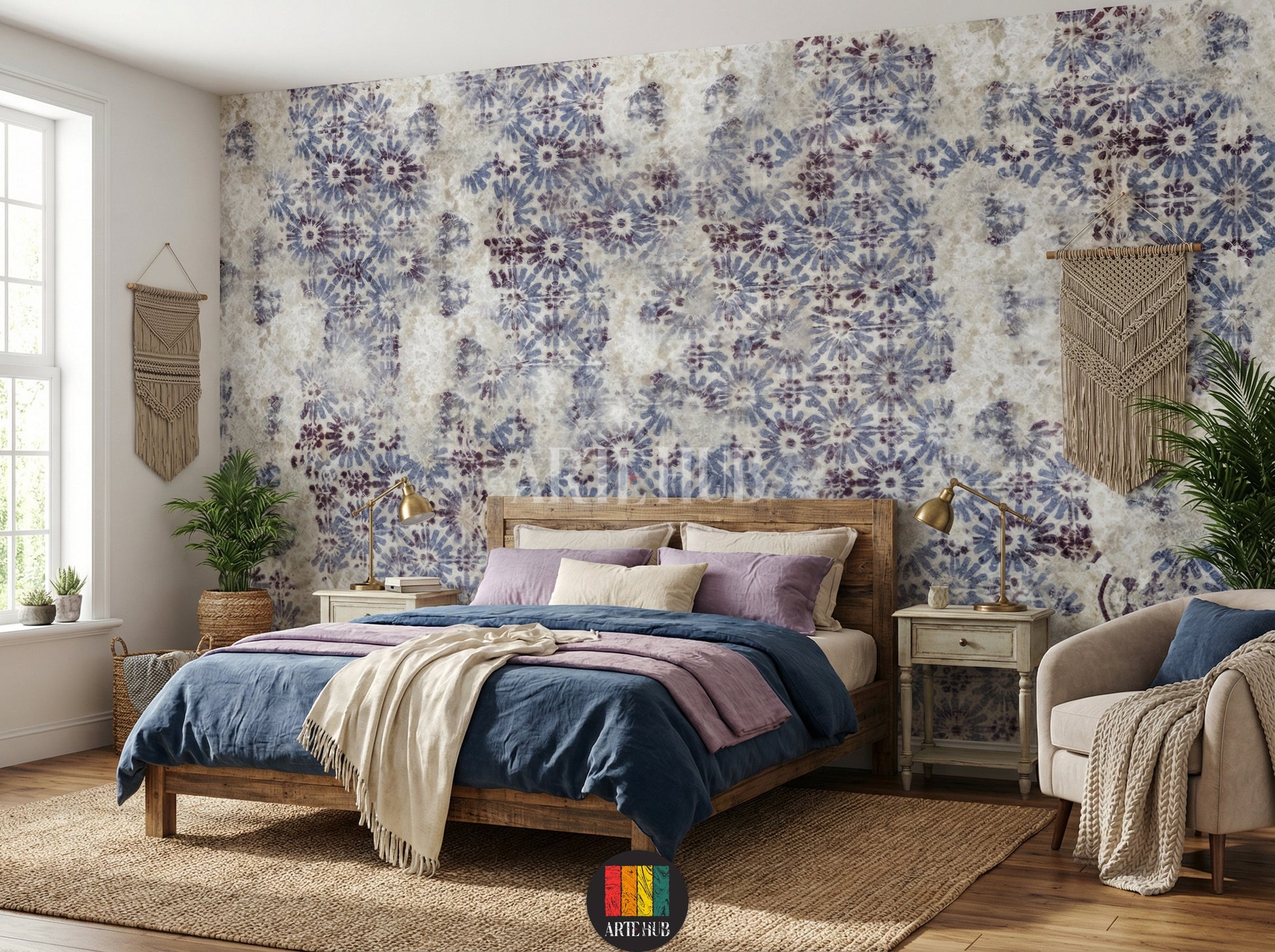 Full shot of a bedroom with a feature wall adorned with Indigo Floral Wallpaper, showcasing a unique blue and purple abstract floral pattern on a textured light background, perfect for a modern Egyptian home. A beige sofa, wooden coffee table, and indoor plants are visible.
صورة لغرفة حديثة تتميز بورق حائط إنديغو فلورال بنمط زهور تجريدي باللونين الأزرق والبنفسجي على خلفية فاتحة، مثالية لديكورات المنازل العصرية في مصر. تظهر كنبة بيج وطاولة قهوة خشبية ونباتات منزلية.
room: bedroom