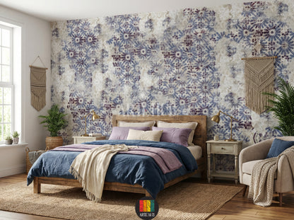 Full shot of a bedroom with a feature wall adorned with Indigo Floral Wallpaper, showcasing a unique blue and purple abstract floral pattern on a textured light background, perfect for a modern Egyptian home. A beige sofa, wooden coffee table, and indoor plants are visible.
صورة لغرفة حديثة تتميز بورق حائط إنديغو فلورال بنمط زهور تجريدي باللونين الأزرق والبنفسجي على خلفية فاتحة، مثالية لديكورات المنازل العصرية في مصر. تظهر كنبة بيج وطاولة قهوة خشبية ونباتات منزلية.
room: bedroom