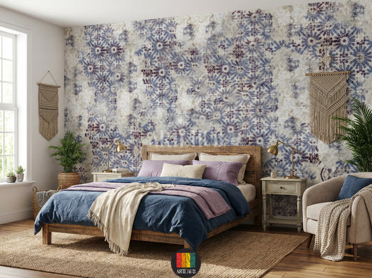 Full shot of a bedroom with a feature wall adorned with Indigo Floral Wallpaper, showcasing a unique blue and purple abstract floral pattern on a textured light background, perfect for a modern Egyptian home. A beige sofa, wooden coffee table, and indoor plants are visible.
صورة لغرفة حديثة تتميز بورق حائط إنديغو فلورال بنمط زهور تجريدي باللونين الأزرق والبنفسجي على خلفية فاتحة، مثالية لديكورات المنازل العصرية في مصر. تظهر كنبة بيج وطاولة قهوة خشبية ونباتات منزلية.
room: bedroom
