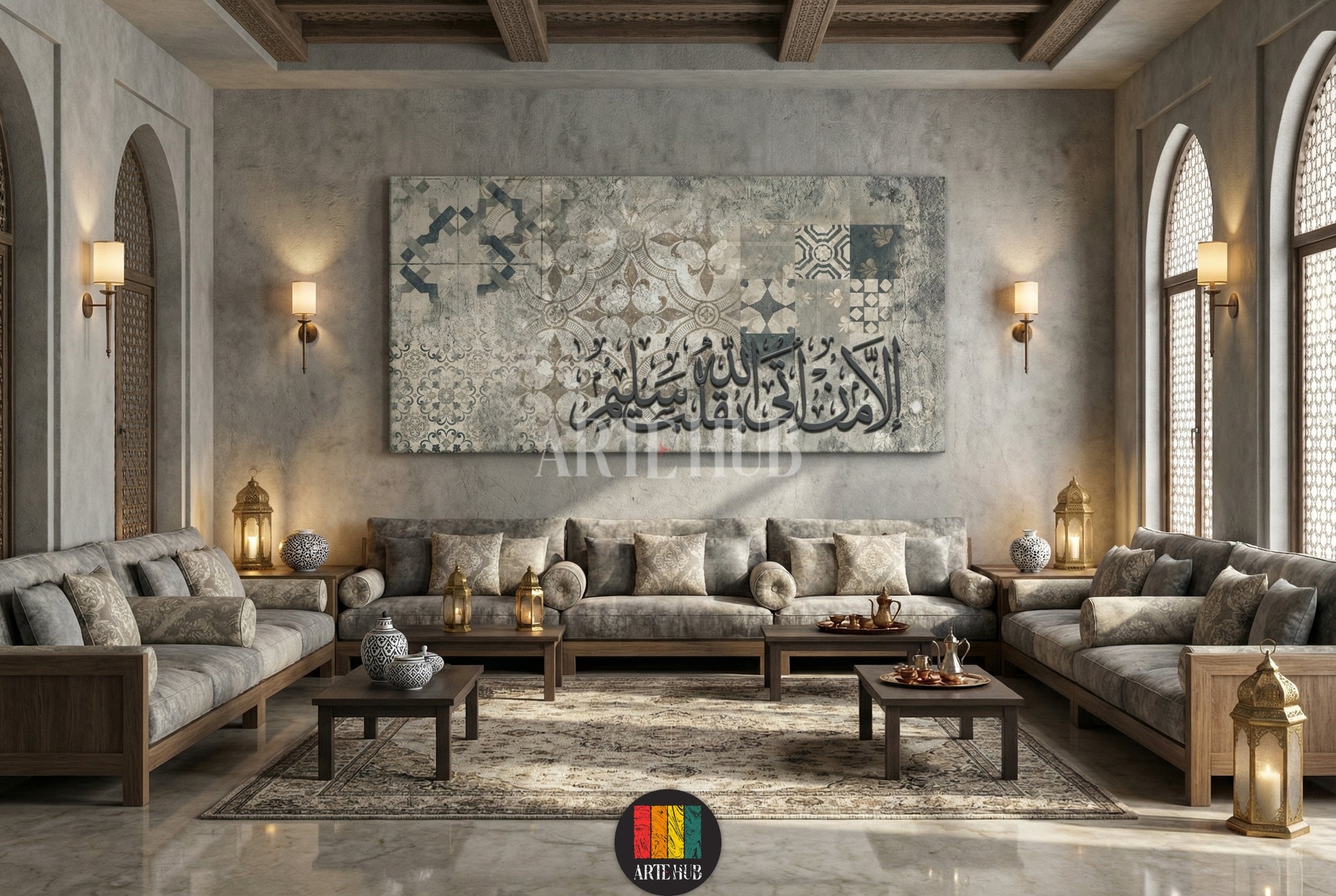 A beautiful canvas wall art featuring the Arabic calligraphy of 'Ala bi-dhikri Allahi tatma'innu al-qulub' on a rustic tile background, perfect for Egyptian style home decor by Artehub.

تابلوه كانفاس بآية ألا بذكر الله تطمئن القلوب بخلفية مزخرفة عتيقة، لوحات فنية مميزة للديكور في مصر من إنتاج Artehub.
