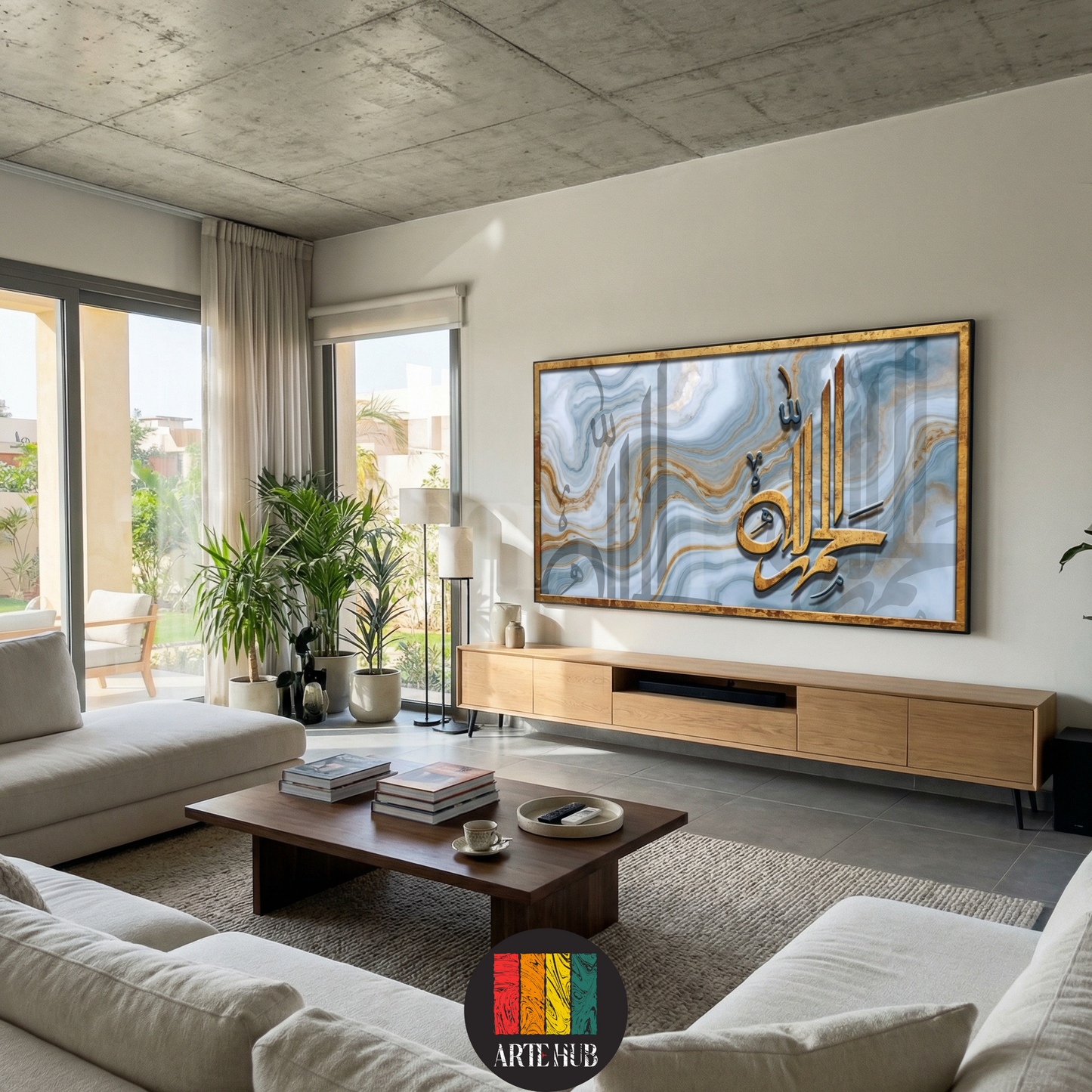  Luxurious golden Arabic calligraphy of Alhamdulillah on marble background canvas. Elegant wall art in Egypt from Artehub, styled for contemporary Egyptian living rooms.

 تابلوه مودرن من Artehub يجسد كلمة الحمد لله بالخط العربي الذهبي على خلفية رخامية. ديكور حائط راقي يناسب المنازل العصرية في مصر.
