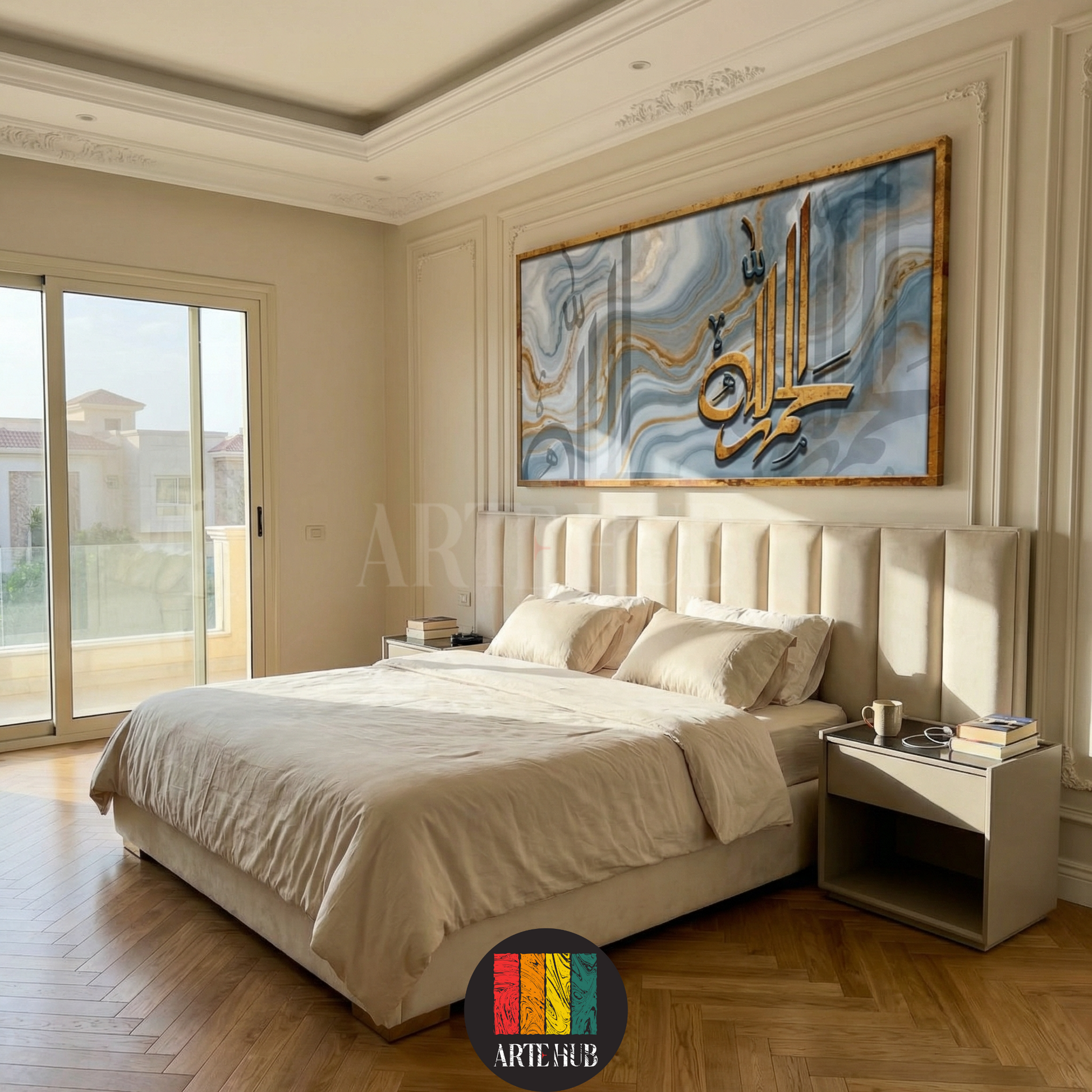 Luxurious golden Arabic calligraphy of Alhamdulillah on marble background canvas. Elegant wall art in Egypt from Artehub, styled for contemporary Egyptian living rooms.

 تابلوه مودرن من Artehub يجسد كلمة الحمد لله بالخط العربي الذهبي على خلفية رخامية. ديكور حائط راقي يناسب المنازل العصرية في مصر.