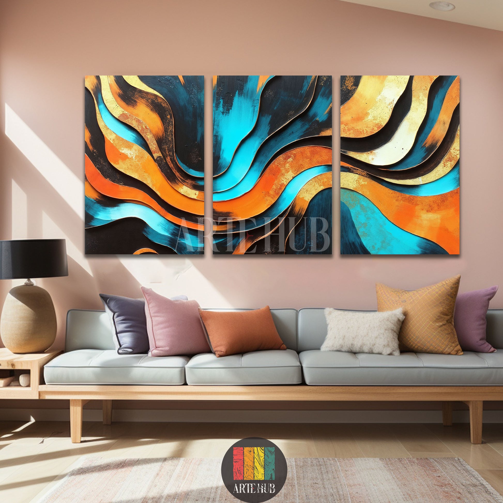 A horizontal canvas featuring blue Arabic calligraphy 'La Hawla wala Quwwata illa Billah' on a vintage textured gold and silver background, styled in a modern Egyptian living room. Artehub wall art Egypt.

تابلوه كانفاس عليه خط عربي لا حول ولا قوة إلا بالله بلون أزرق وخلفية منقوشة مذهبة، ديكور مودرن لغرف المعيشة في مصر من آرت هب Artehub.