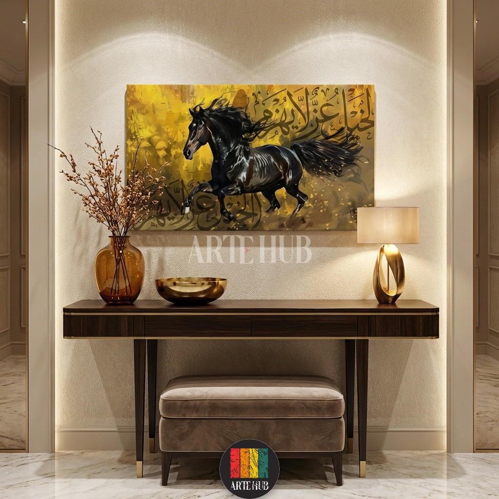  A majestic black stallion galloping against a textured gold background with Arabic calligraphy. High-quality canvas wall art by Artehub for Egyptian style homes.

لوحة كانفاس لحصان أسود عربي أصيل مع خلفية ذهبية مزينة بالخط العربي من Artehub، مناسبة لديكورات المنازل الراقية في مصر.