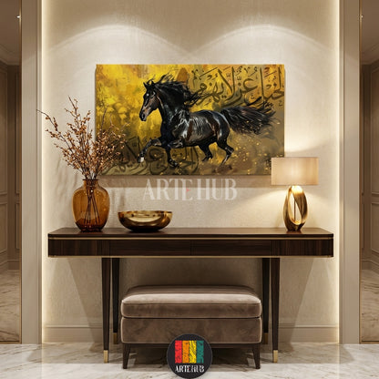  A majestic black stallion galloping against a textured gold background with Arabic calligraphy. High-quality canvas wall art by Artehub for Egyptian style homes.

لوحة كانفاس لحصان أسود عربي أصيل مع خلفية ذهبية مزينة بالخط العربي من Artehub، مناسبة لديكورات المنازل الراقية في مصر.
