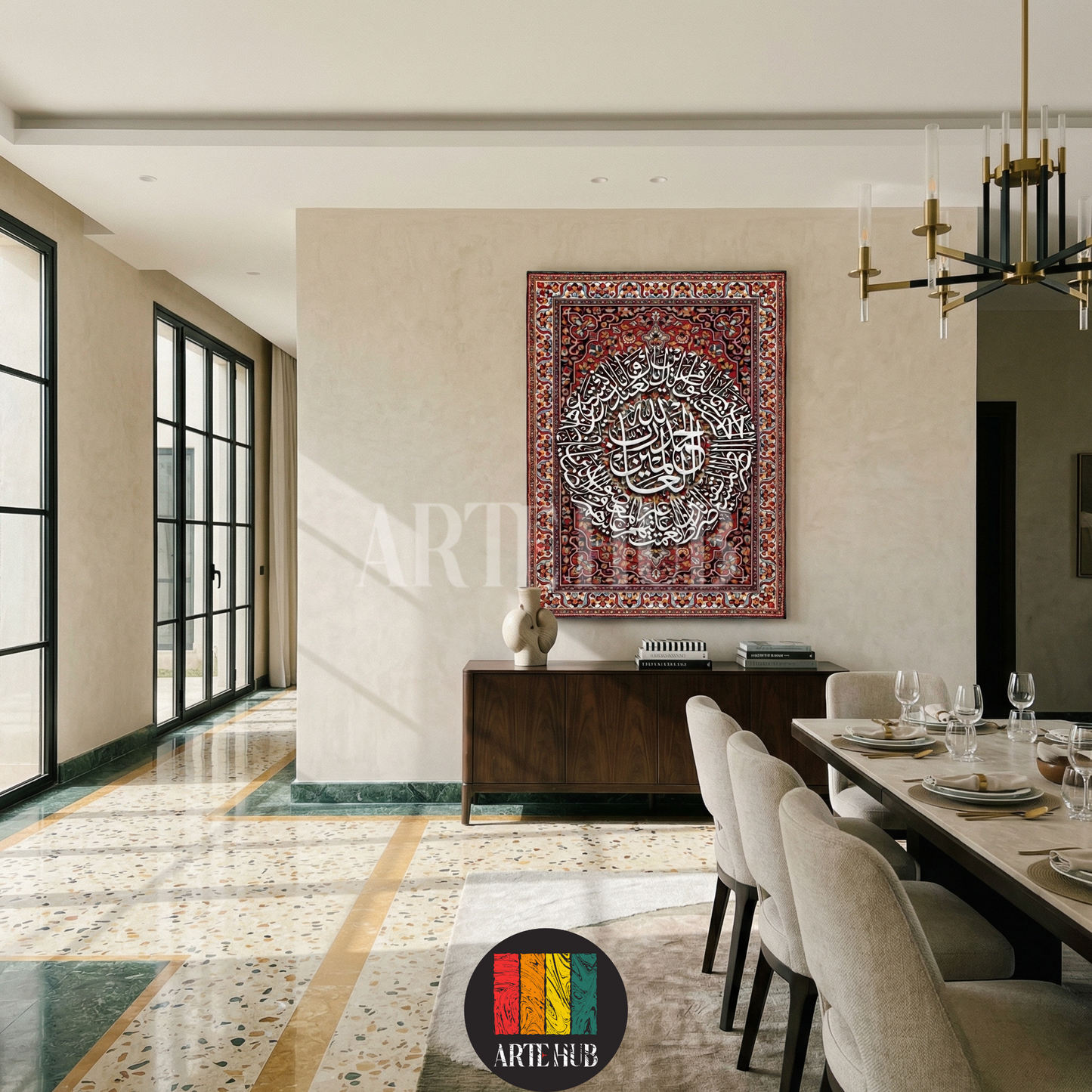 Artehub 'Sultani' Islamic calligraphy canvas wall art featuring intricate white Arabic script over a traditional red Persian carpet pattern, ideal for Egyptian home decor.

تابلوه كانفاس 'Sultani' من Artehub يعرض خطاً عربياً إسلامياً باللون الأبيض فوق نقوش سجاد شرقية حمراء كلاسيكية، مثالي لديكورات المنازل الراقية في مصر.