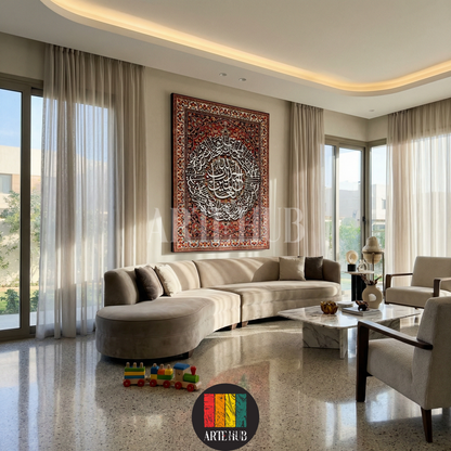 Artehub 'Sultani' Islamic calligraphy canvas wall art featuring intricate white Arabic script over a traditional red Persian carpet pattern, ideal for Egyptian home decor.

تابلوه كانفاس 'Sultani' من Artehub يعرض خطاً عربياً إسلامياً باللون الأبيض فوق نقوش سجاد شرقية حمراء كلاسيكية، مثالي لديكورات المنازل الراقية في مصر.