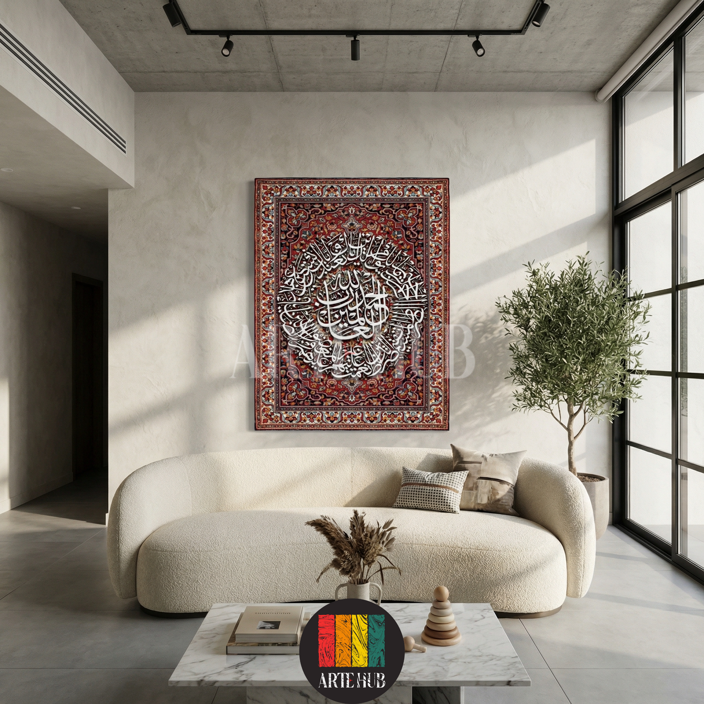 Artehub 'Sultani' Islamic calligraphy canvas wall art featuring intricate white Arabic script over a traditional red Persian carpet pattern, ideal for Egyptian home decor.

تابلوه كانفاس 'Sultani' من Artehub يعرض خطاً عربياً إسلامياً باللون الأبيض فوق نقوش سجاد شرقية حمراء كلاسيكية، مثالي لديكورات المنازل الراقية في مصر.
