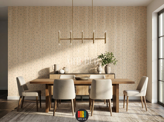 Full shot of a contemporary dining room featuring a light peach/beige wallpaper with an intricate Islamic geometric pattern. The room includes a brown padded bed, grey bedding, and two dark wood nightstands. Perfect for modern Egyptian interior design.
صورة كاملة لغرفة طعام عصرية تتميز بورق حائط بيج فاتح بنمط هندسي إسلامي معقد. تشمل الغرفة سرير مبطن باللون البني، مفروشات رمادية، واثنين من المناضد الخشبية الداكنة. مثالي لديكورات المنازل العصرية في مصر.
room: dining room