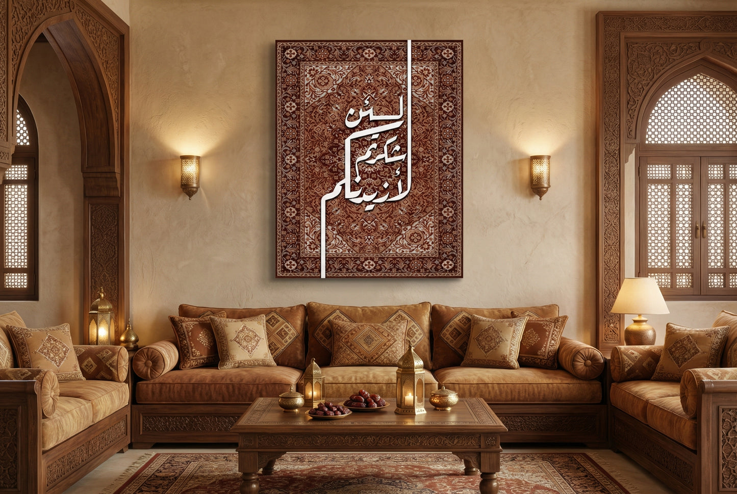 A vertical canvas from Artehub featuring the Quranic verse 'Lain Shakartum' in white Arabic calligraphy set against a detailed brown rug-style background, ideal for Egyptian home styling.

 لوحة كانفاس من آرت هاب (Artehub) تعرض الآية القرآنية 'لئن شكرتم لأزيدنكم' بخط عربي أبيض على خلفية بنقوش سجاد كلاسيكية بنية، مثالية لديكورات المنازل في مصر.