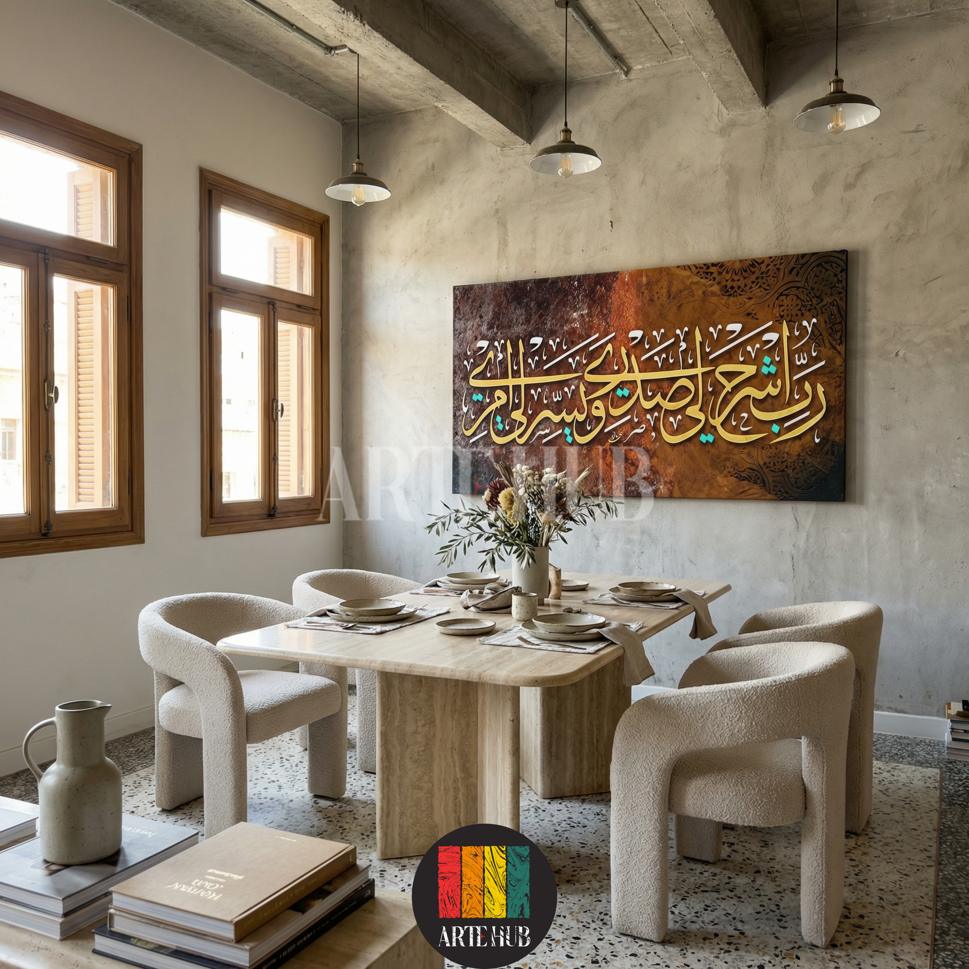  A horizontal framed canvas featuring the Islamic prayer 'Rabbi Ishrah Li Sadri' in gold calligraphy on a textured brown background, styled for modern wall art in Egypt by Artehub.

 تابلوه مودرن مطبوع لآية رب اشرح لي صدري بالخط العربي واللون الذهبي على خلفية بنية، قطعة فنية مميزة لديكور الحائط في مصر من Artehub.