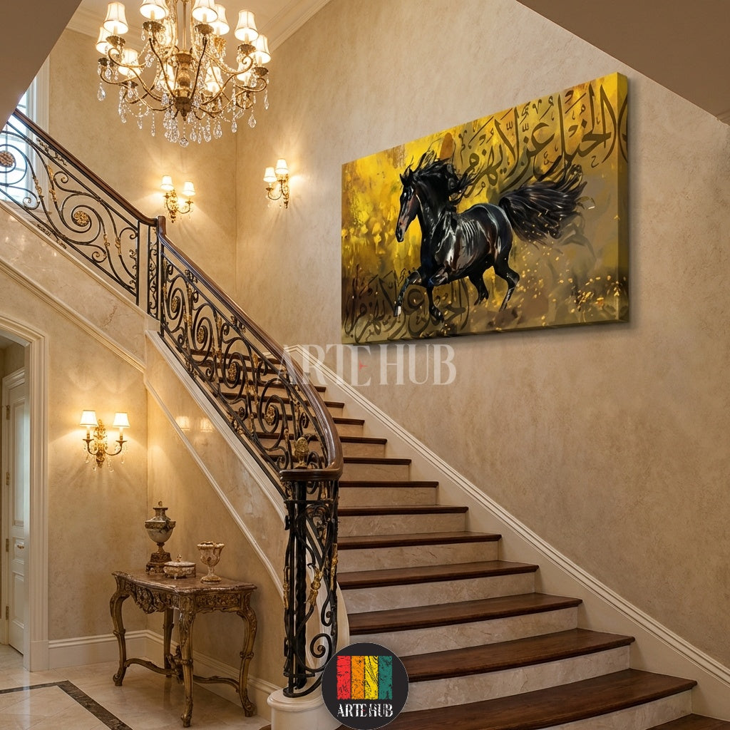  A majestic black stallion galloping against a textured gold background with Arabic calligraphy. High-quality canvas wall art by Artehub for Egyptian style homes.

لوحة كانفاس لحصان أسود عربي أصيل مع خلفية ذهبية مزينة بالخط العربي من Artehub، مناسبة لديكورات المنازل الراقية في مصر.