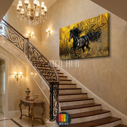  A majestic black stallion galloping against a textured gold background with Arabic calligraphy. High-quality canvas wall art by Artehub for Egyptian style homes.

لوحة كانفاس لحصان أسود عربي أصيل مع خلفية ذهبية مزينة بالخط العربي من Artehub، مناسبة لديكورات المنازل الراقية في مصر.