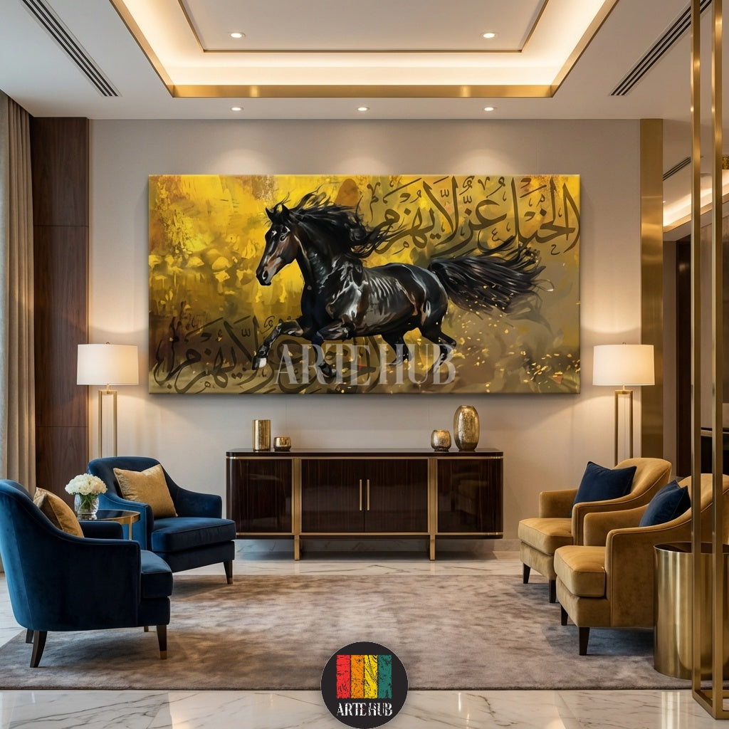  A majestic black stallion galloping against a textured gold background with Arabic calligraphy. High-quality canvas wall art by Artehub for Egyptian style homes.

لوحة كانفاس لحصان أسود عربي أصيل مع خلفية ذهبية مزينة بالخط العربي من Artehub، مناسبة لديكورات المنازل الراقية في مصر.