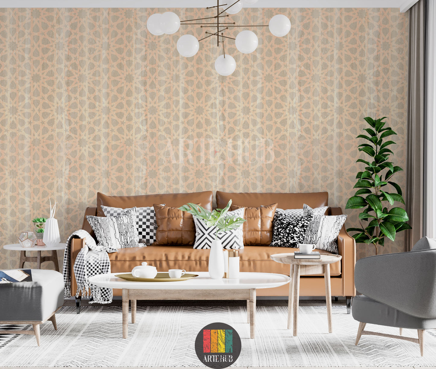 Full shot of a contemporary living room featuring a light peach/beige wallpaper with an intricate Islamic geometric pattern. The room includes a brown padded bed, grey bedding, and two dark wood nightstands. Perfect for modern Egyptian interior design.
صورة كاملة لغرفة معيشة عصرية تتميز بورق حائط بيج فاتح بنمط هندسي إسلامي معقد. تشمل الغرفة سرير مبطن باللون البني، مفروشات رمادية، واثنين من المناضد الخشبية الداكنة. مثالي لديكورات المنازل العصرية في مصر.
room: living room
