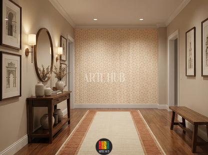 Full shot of a contemporary hallway featuring a light peach/beige wallpaper with an intricate Islamic geometric pattern. The room includes a brown padded bed, grey bedding, and two dark wood nightstands. Perfect for modern Egyptian interior design.
صورة كاملة لممر عصري يتميز بورق حائط بيج فاتح بنمط هندسي إسلامي معقد. تشمل الغرفة سرير مبطن باللون البني، مفروشات رمادية، واثنين من المناضد الخشبية الداكنة. مثالي لديكورات المنازل العصرية في مصر.
room: hallway