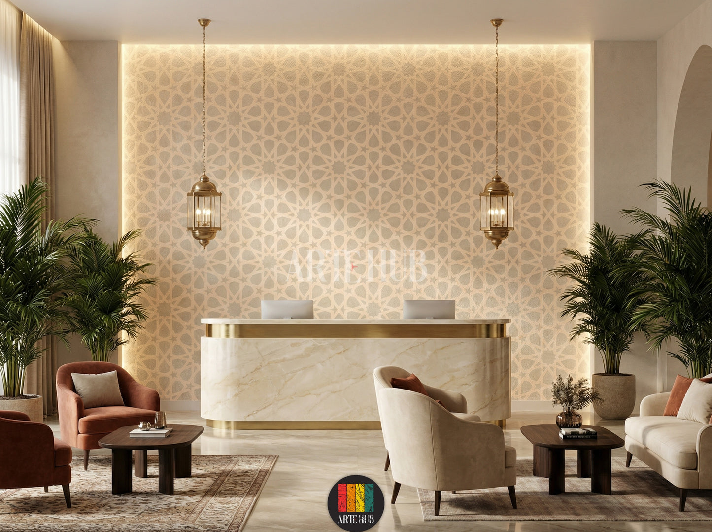 Full shot of a contemporary lobby featuring a light peach/beige wallpaper with an intricate Islamic geometric pattern. The room includes a brown padded bed, grey bedding, and two dark wood nightstands. Perfect for modern Egyptian interior design.
صورة كاملة لغرفة نوم عصرية تتميز بورق حائط بيج فاتح بنمط هندسي إسلامي معقد. تشمل الغرفة سرير مبطن باللون البني، مفروشات رمادية، واثنين من المناضد الخشبية الداكنة. مثالي لديكورات المنازل العصرية في مصر.
room: lobby