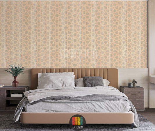 Full shot of a contemporary bedroom featuring a light peach/beige wallpaper with an intricate Islamic geometric pattern. The room includes a brown padded bed, grey bedding, and two dark wood nightstands. Perfect for modern Egyptian interior design.
صورة كاملة لغرفة نوم عصرية تتميز بورق حائط بيج فاتح بنمط هندسي إسلامي معقد. تشمل الغرفة سرير مبطن باللون البني، مفروشات رمادية، واثنين من المناضد الخشبية الداكنة. مثالي لديكورات المنازل العصرية في مصر.
room: bedroom