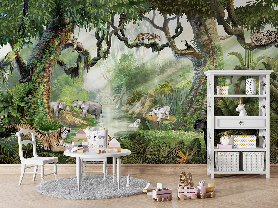 Jungle Cats luxury wallpaper in kids room interior — Artehub Egypt
