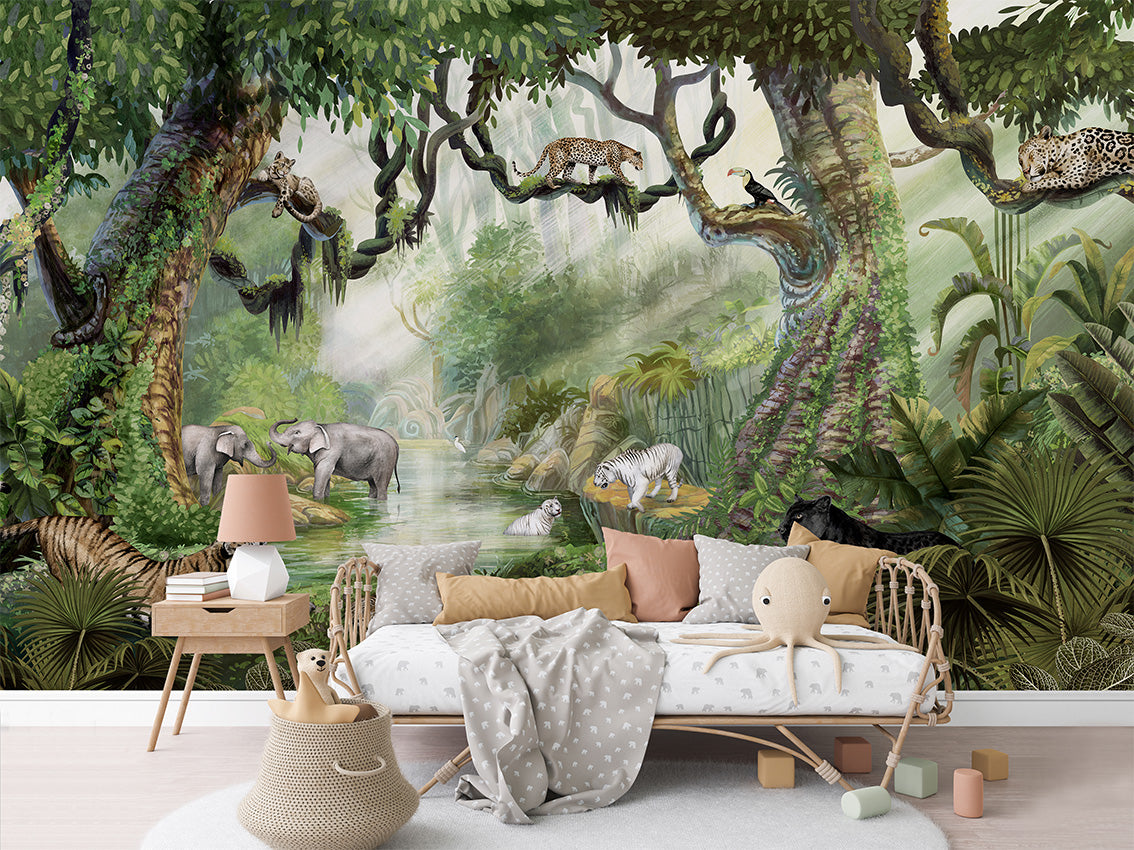 Jungle Cats luxury wallpaper in kids room interior — Artehub Egypt