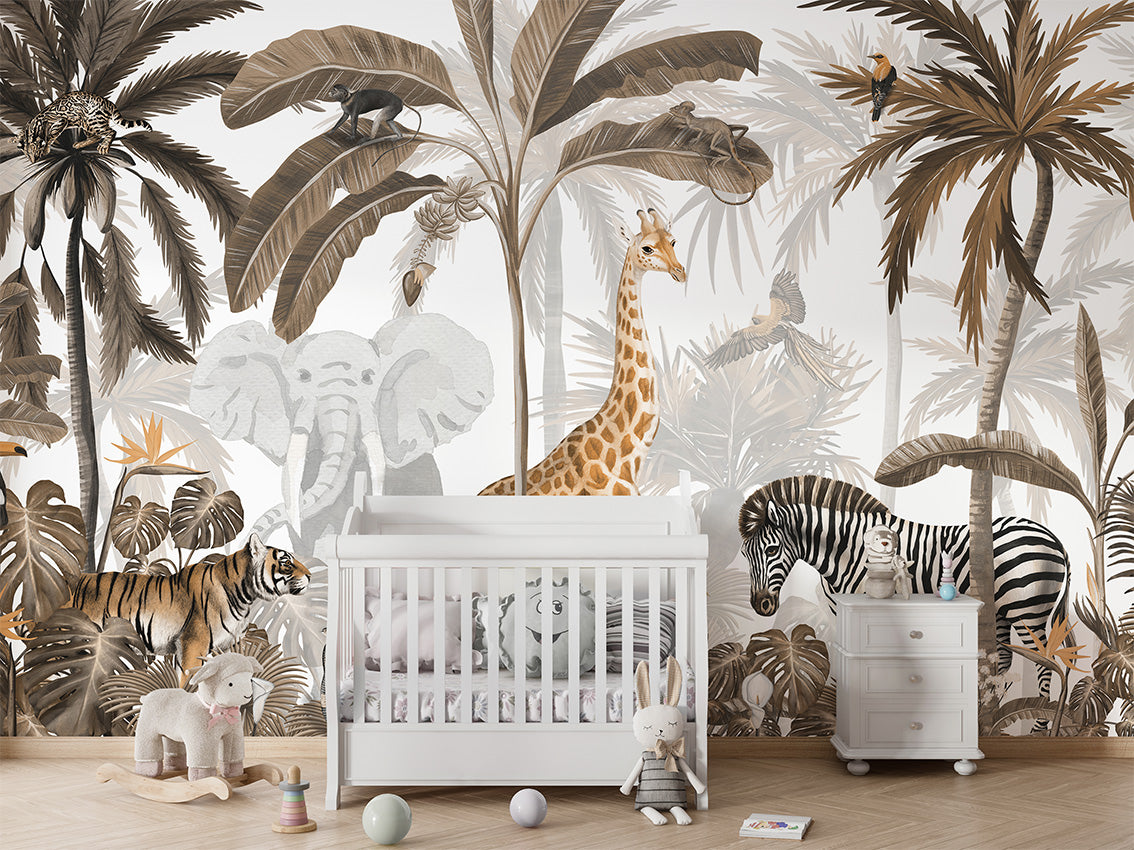 Jungle Jive - Sepia luxury wallpaper in kids room interior — Artehub Egypt