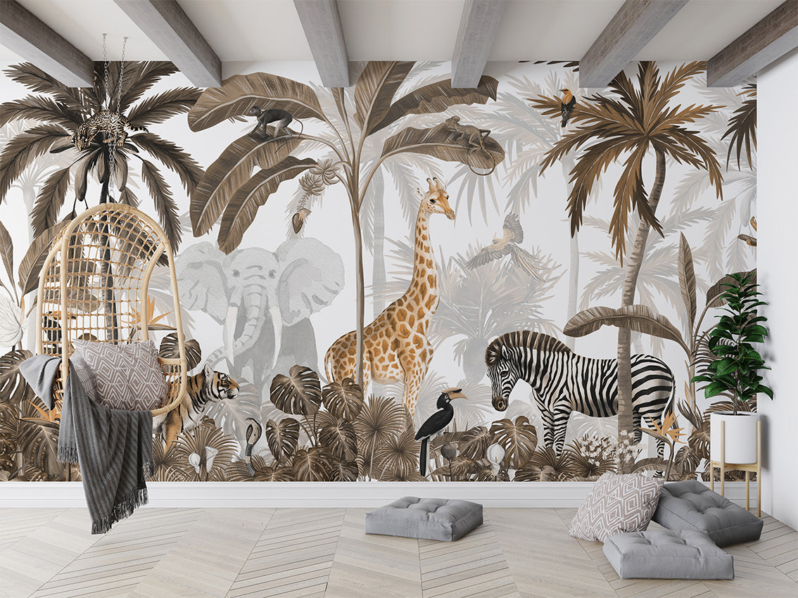 Jungle Jive - Sepia luxury wallpaper in kids room interior — Artehub Egypt