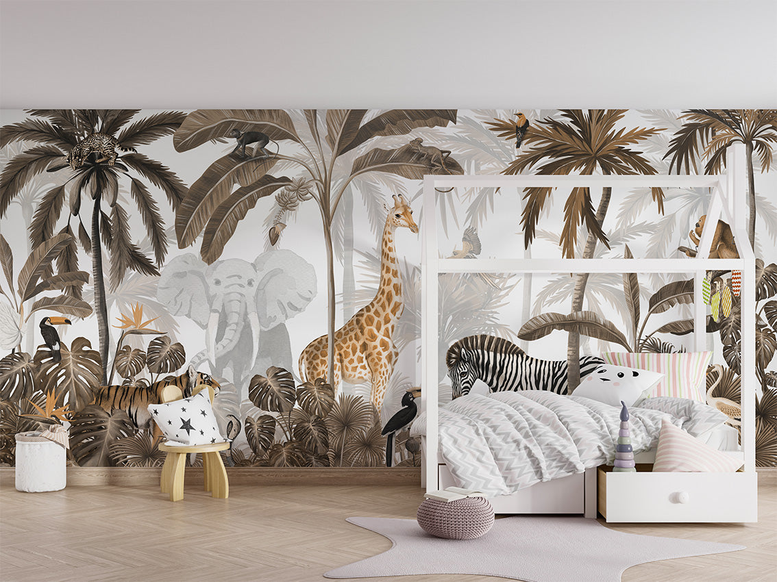 Jungle Jive - Sepia luxury wallpaper in kids room interior — Artehub Egypt