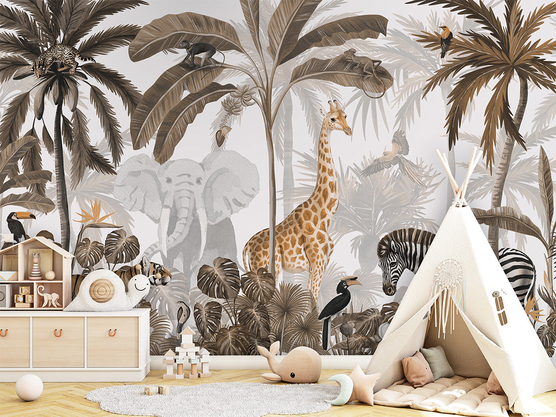 Jungle Jive - Sepia luxury wallpaper in kids room interior — Artehub Egypt