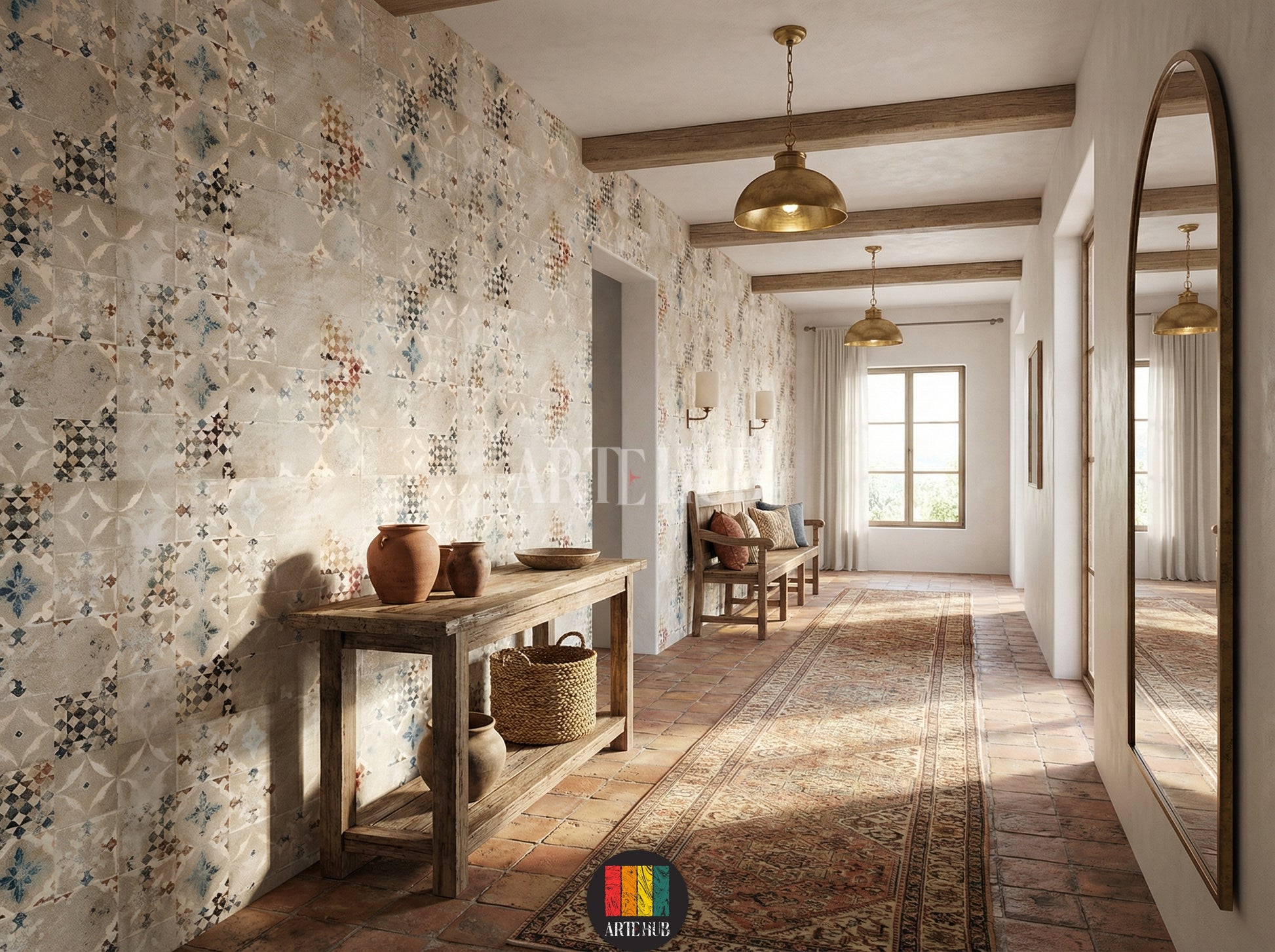 A cozy hallway featuring a vintage-style Kilim patterned wallpaper in muted earthy tones with geometric and floral motifs, offering unique wall decor for homes in Egypt.
غرفة معيشة أنيقة تتميز بورق حائط بنقوش الكليم العتيقة بألوان ترابية هادئة وأنماط هندسية وزهرية، مثالي للديكور المنزلي في مصر.
room: hallway