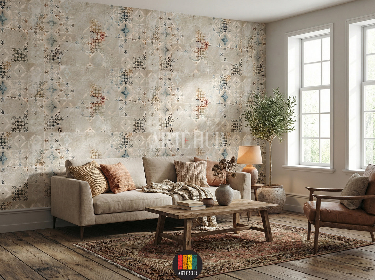 A cozy living room featuring a vintage-style Kilim patterned wallpaper in muted earthy tones with geometric and floral motifs, offering unique wall decor for homes in Egypt.
غرفة معيشة أنيقة تتميز بورق حائط بنقوش الكليم العتيقة بألوان ترابية هادئة وأنماط هندسية وزهرية، مثالي للديكور المنزلي في مصر.
room: living room