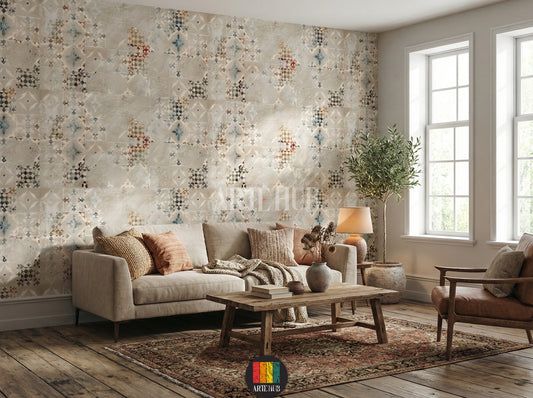 A cozy living room featuring a vintage-style Kilim patterned wallpaper in muted earthy tones with geometric and floral motifs, offering unique wall decor for homes in Egypt.
غرفة معيشة أنيقة تتميز بورق حائط بنقوش الكليم العتيقة بألوان ترابية هادئة وأنماط هندسية وزهرية، مثالي للديكور المنزلي في مصر.
room: living room