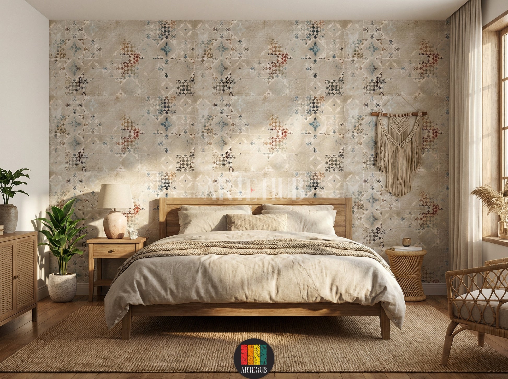A cozy bedroom featuring a vintage-style Kilim patterned wallpaper in muted earthy tones with geometric and floral motifs, offering unique wall decor for homes in Egypt.
غرفة معيشة أنيقة تتميز بورق حائط بنقوش الكليم العتيقة بألوان ترابية هادئة وأنماط هندسية وزهرية، مثالي للديكور المنزلي في مصر.
room: bedroom