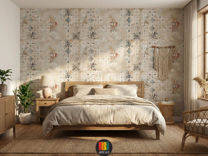 A cozy bedroom featuring a vintage-style Kilim patterned wallpaper in muted earthy tones with geometric and floral motifs, offering unique wall decor for homes in Egypt.
غرفة معيشة أنيقة تتميز بورق حائط بنقوش الكليم العتيقة بألوان ترابية هادئة وأنماط هندسية وزهرية، مثالي للديكور المنزلي في مصر.
room: bedroom