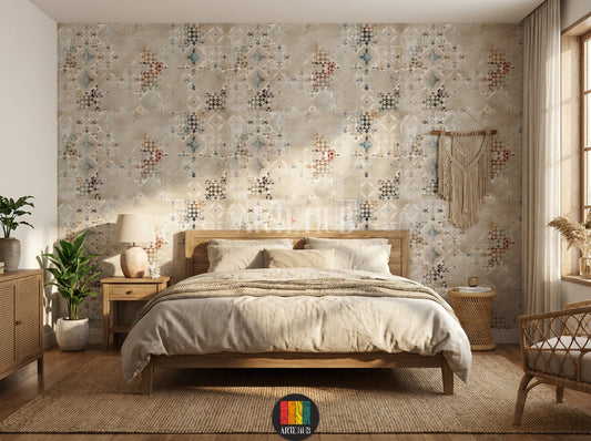 A cozy bedroom featuring a vintage-style Kilim patterned wallpaper in muted earthy tones with geometric and floral motifs, offering unique wall decor for homes in Egypt.
غرفة معيشة أنيقة تتميز بورق حائط بنقوش الكليم العتيقة بألوان ترابية هادئة وأنماط هندسية وزهرية، مثالي للديكور المنزلي في مصر.
room: bedroom
