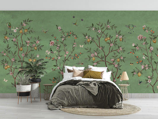 Lemon Tree Chinoiserie - Green luxury wallpaper interior room:bedroom — Artehub Egypt