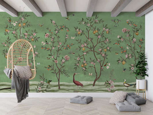 Lemon Tree Chinoiserie - Green luxury wallpaper interior room:livingroom — Artehub Egypt
