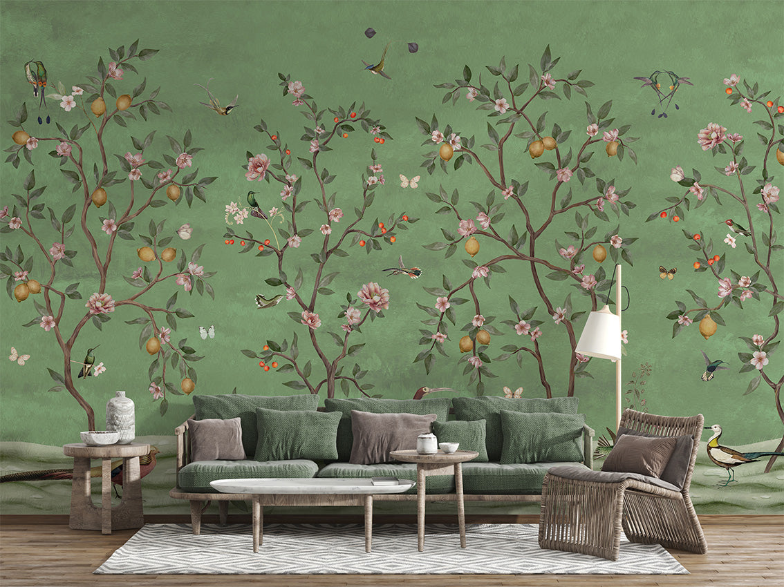 Lemon Tree Chinoiserie - Green luxury wallpaper interior room:livingroom — Artehub Egypt