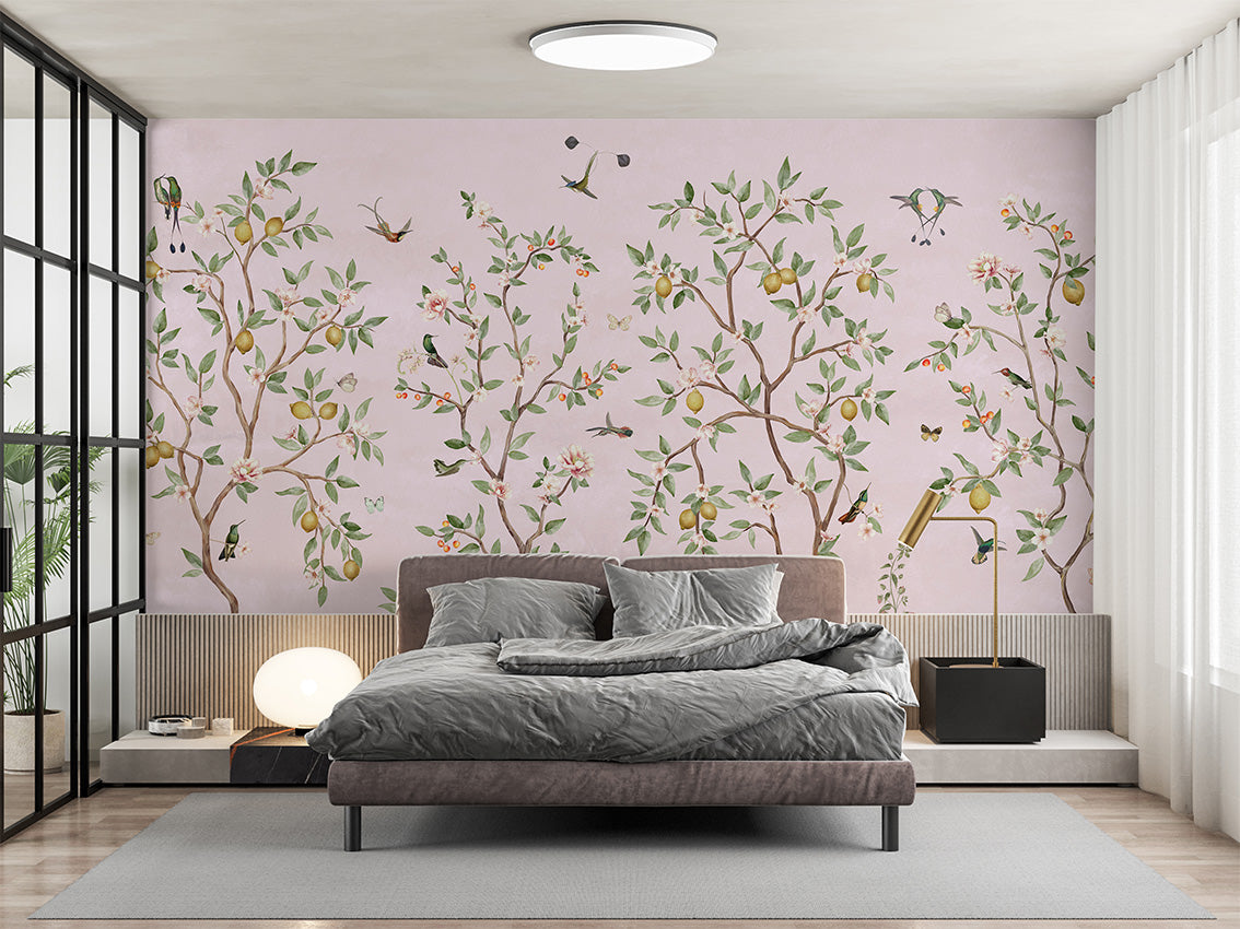 Lemon Tree Chinoiserie - Pink luxury wallpaper interior room:bedroom — Artehub Egypt