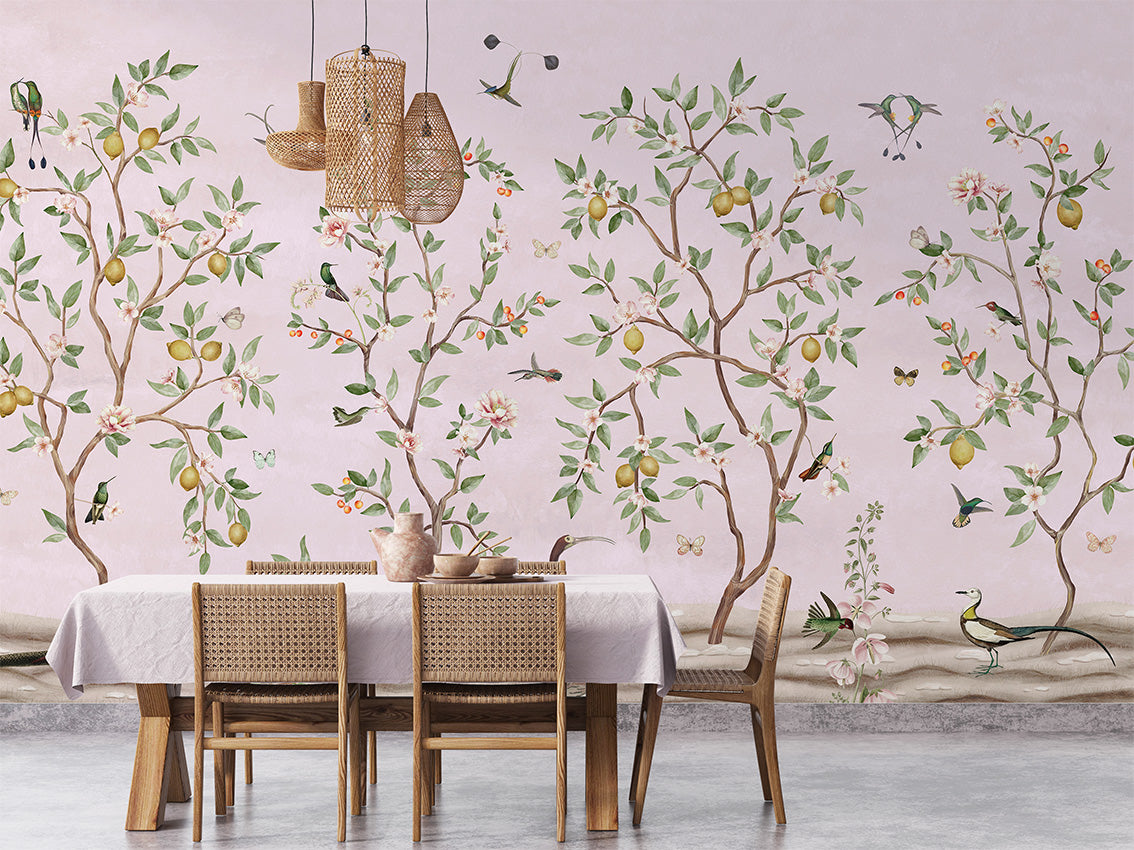 Lemon Tree Chinoiserie - Pink luxury wallpaper interior room:diningroom — Artehub Egypt