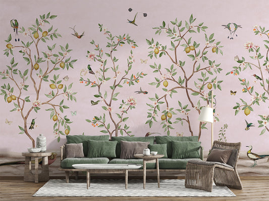 Lemon Tree Chinoiserie - Pink luxury wallpaper interior room:livingroom — Artehub Egypt