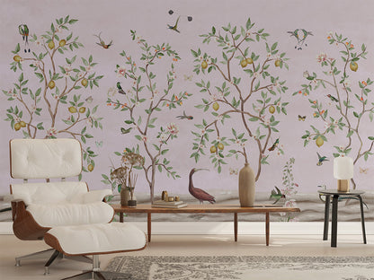 Lemon Tree Chinoiserie - Pink luxury wallpaper interior room:livingroom — Artehub Egypt