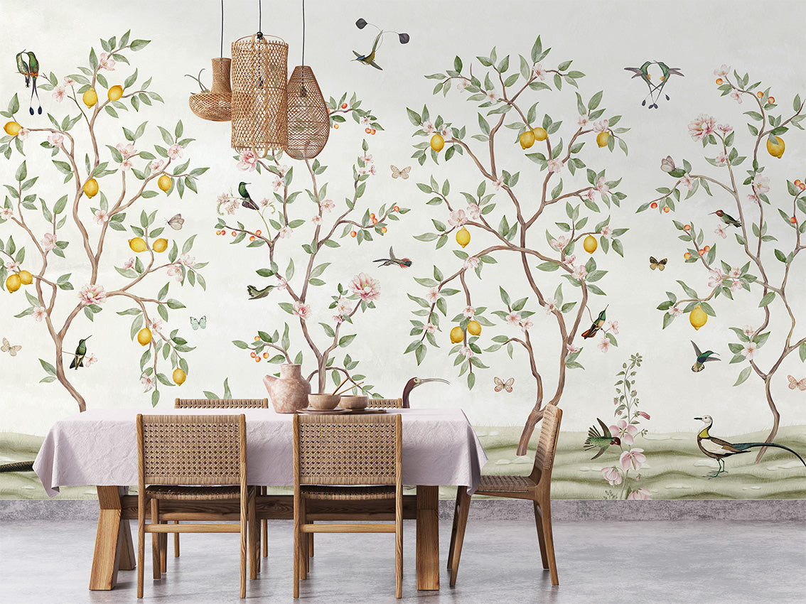 Lemon Tree Chinoiserie - White luxury wallpaper interior room:diningroom — Artehub Egypt