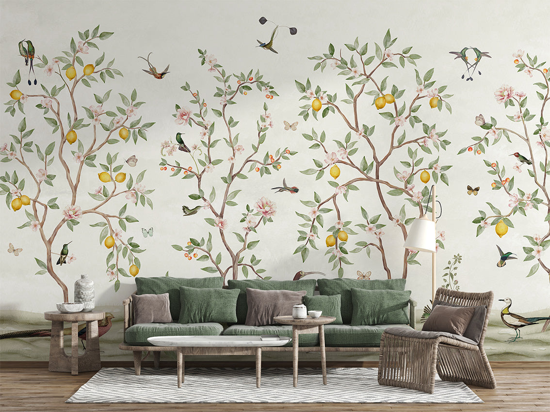 Lemon Tree Chinoiserie - White luxury wallpaper interior room:livingroom — Artehub Egypt