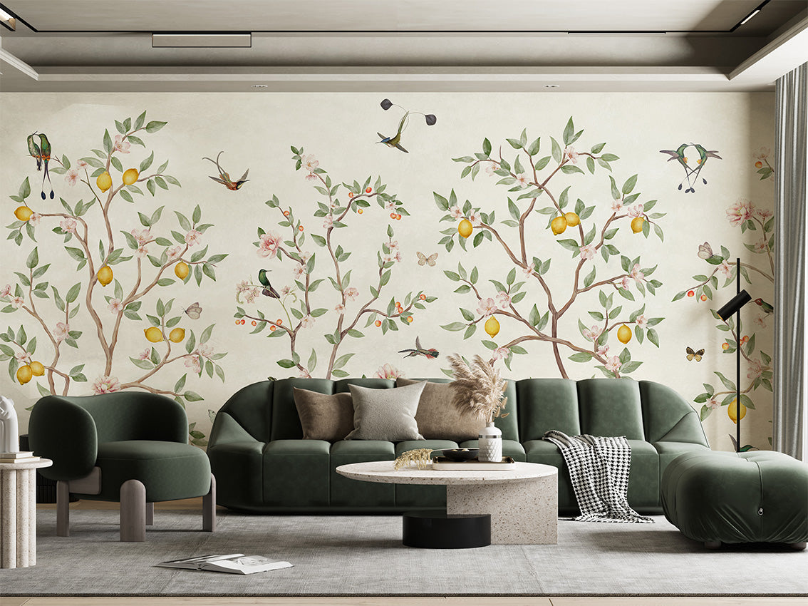 Lemon Tree Chinoiserie - White luxury wallpaper interior room:livingroom — Artehub Egypt