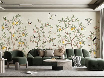 Lemon Tree Chinoiserie - White luxury wallpaper interior room:livingroom — Artehub Egypt